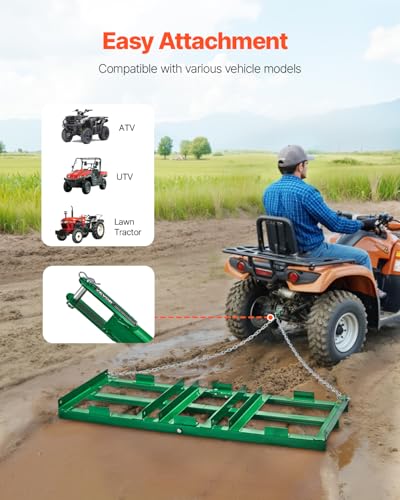 VEVOR Drag Harrow, 4 ft Heavy Duty Tow Behind Drag Harrow with Adjustable Bars & 72 in Chain, Driveway Grader Landscape Rake for ATV, UTV, Tractor, Mower Tow Behind Yard Lawn Leveling Tool - size: 4 FT- Green