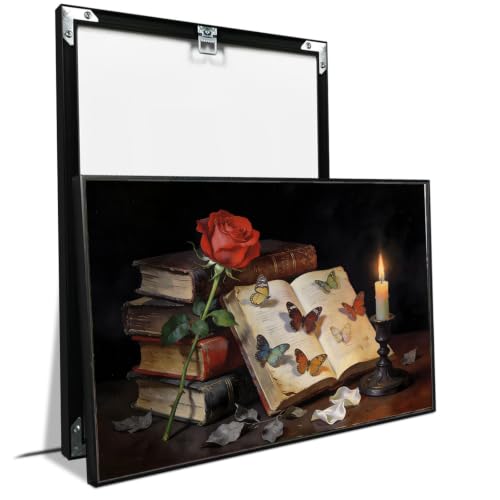 Retro Dark Academia Rose Butterfly Oil Painting Wall Art Vintage Antique Books Candle Still Life Picture Canvas Poster Home Decor - color: Nature19, size: 8x12in Black Framed