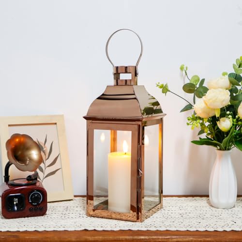 JHY DESIGN Decorative Candle Lanterns 15" High Stainless Steel Candle Lanterns with Tempered Glass for Indoor Outdoor Events Parities and Weddings Vintage Style Hanging Lamps(Rose Gold) - color: Rose Gold