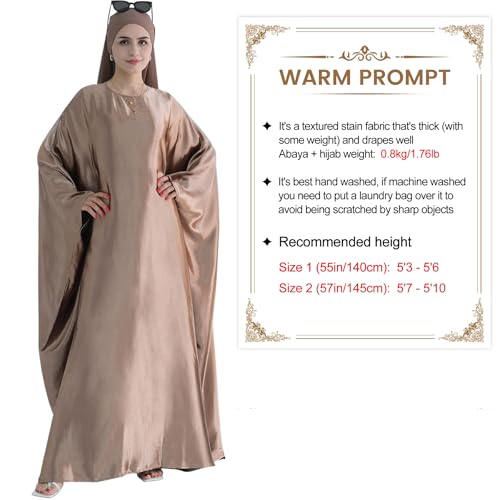 Abaya Muslim Dress Women Satin Prayer Dress Batwing Long Sleeve Middle East Arabian Robe with Hijab - color: Light Blue, size: Size 1