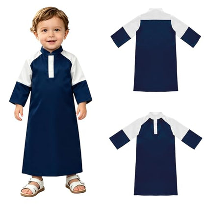 Hansber Arabic Prince Costume Baby Boys Muslim Islamic Kaftan Thobe Long Sleeve Robe for Halloween Party - color: Navy Blue, size: 3-6 Months
