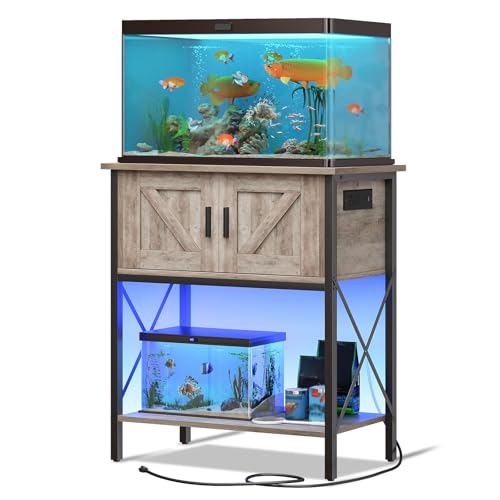 HOOBRO 20 Gallon Fish Tank Stand with Power Outlets and LED Light, Metal Frame Aquarium Stand, Reptile, Turtle Tank Stand with Cabinet Storage, 27.6'' L x 15.7'' W, 300 LBS Capacity, Greige BG40UDFT01 - color: Greige + Black