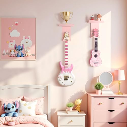 Keebofly 2-Pack Guitar Wall Mount Hanger with Shelf & Pick Holder - Wood Wall Hook for Acoustic, Electric, Bass Guitars, Ukulele (Screw-Mounted, Pink) [Patented] - color: 2 Pack_Pink