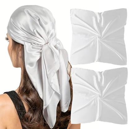 vimate 35" Square Silk Like Head Scarf - Women's Fashion Satin Scarf Bandana for Hair Wrapping at Night. - color: J3#. 2 Pack - White