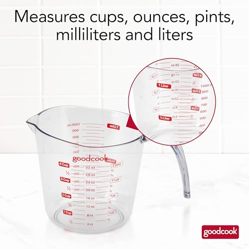 GoodCook Everyday 4-Cup Liquid Measuring Cup, Clear Plastic with Easy-to-Read Markings, Tapered Pour Spout, Comfortable Handle, Measures in Cups, Ounces, Pints, and Milliliters - color: Clear & Red, size: 4-Cup