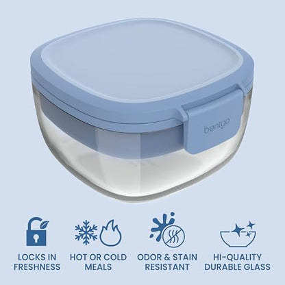 Bentgo Glass Salad Container - 7.6-Cup Salad Bowl with Airtight Lid, Leak-Proof Sauce Container, 4-Compartment Bento Tray & Reusable Fork - BPA-Free for Meal Prep, Office & More (Light Blue) - color: Light Blue