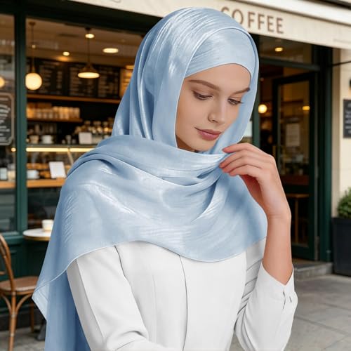 Premium Hijab Head Scarf for Women Lightweight Shimmer Hijab Head Wrap Scarves Crepe Satin Scarf Shawl Wrap - color: Baby Blue