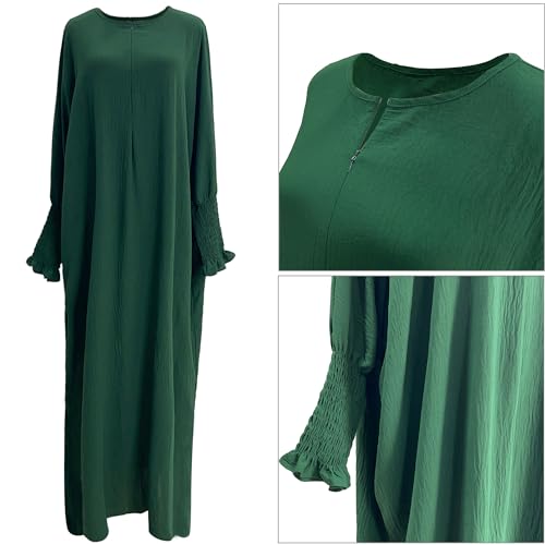 khalat Womens Muslim Prayer Dress Front Zipper Kaftan Islamic Robe Modest Solid Abayas for Women Muslim - color: Dark Green