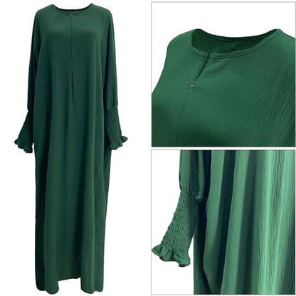 khalat Womens Muslim Prayer Dress Front Zipper Kaftan Islamic Robe Modest Solid Abayas for Women Muslim - color: Dark Green