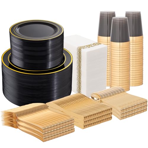 Supernal 800PCS Black and Gold Disposable Dinnerware Set for 100 - color: 800pcs Black and Gold Dinnerware Set