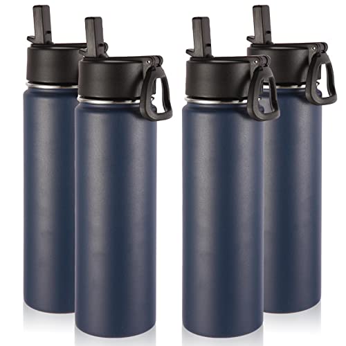 Volhoply Insulated Water Bottles with Straw Bulk 4 Pack, 22 oz Stainless Steel Sports Bottle, Double Walled Vacuum Metal Water Cups with Wide Mouth, Reusable Cold Water Flask for Hiking(Navy,4 Set) - color: Navy