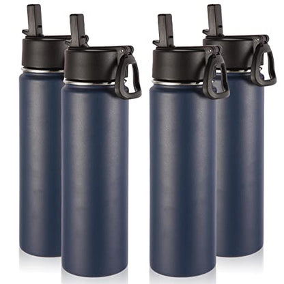 Volhoply Insulated Water Bottles with Straw Bulk 4 Pack, 22 oz Stainless Steel Sports Bottle, Double Walled Vacuum Metal Water Cups with Wide Mouth, Reusable Cold Water Flask for Hiking(Navy,4 Set) - color: Navy