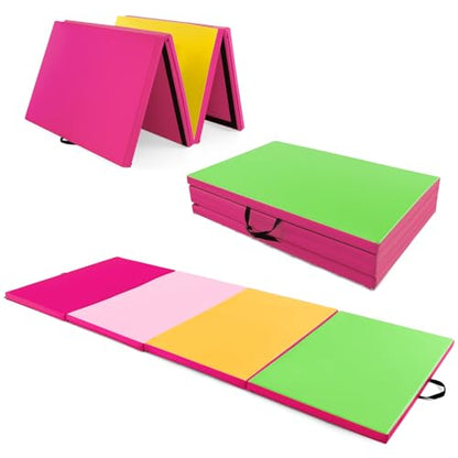 Giantex 4'x10'x 2" Gymnastics Mat, 4-Panel Folding Aerobics Exercise Mat w/Hook & Loop Fastener, Carrying Handle, Portable Tumbling Mat for Stretching Yoga Cheerleading Martial Arts - color: Green/Yellow/Pink