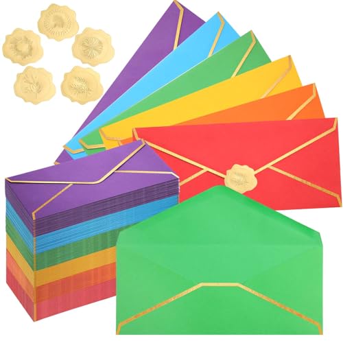 Jetec 100 Pcs Colorful #10 Business Envelopes with Gold Border and Stickers Mailing Pretty Standard Letter Size Envelopes for Graduation Wedding Office Check Invoices Greeting Cards (Rainbow) - color: Rainbow