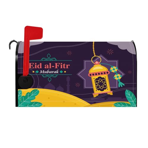 Eid al-Fitr Mubarak Magnetic Mailbox Cover Violet Night Yellow Lantern Leaf Eid Al-Adha MailWraps Muslim Ramadan Eid Postbox Letterbox Cover Standard Size for 21x18 Inch Garden Outdoor Decor - color: Purple and Yellow