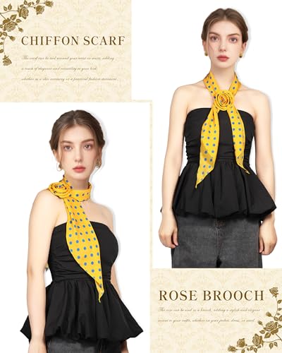 Chiffon Scarf for Women, Removable Flower Neck Scarf Light Soft Fashion Rose Scarves Versatile Headband or Hair Band - color: Yellow Blue Polka Dot