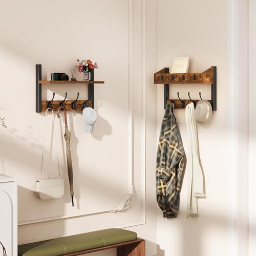 YMYNY 31.5" Coat Rack Wall Mount with Shelf, 4 in 1 Key and Coat Hanger with 12 Metal Hooks, Wall Shelf with Hooks & Mail Holder for Living Room, Bedroom, Rustic Brown, HWS007H-2 - color: Rustic Brown, size: 31.5" - 4-in-1