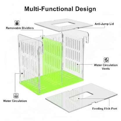 Green Acrylic Aquarium Breeder Box, 7.4x5.3x6.3 in Hang-On Fish Isolation Box with Long Handle Net, Removable Divider & Feeding Hole for Betta Guppy Shrimp Freshwater Saltwater - color: Green, size: 7.4x5.3x6.3in
