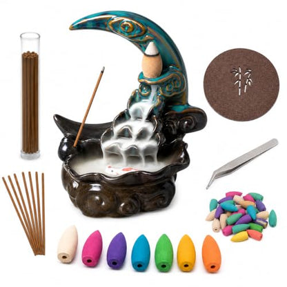Ceramic Incense Holder Backflow Handcraft Moon Incense Burner with 30 Incense Cones 1 Tweezer 1 Mat 30 Incense Sticks for Home Decoration Ornament Aromatherapy and Meditation