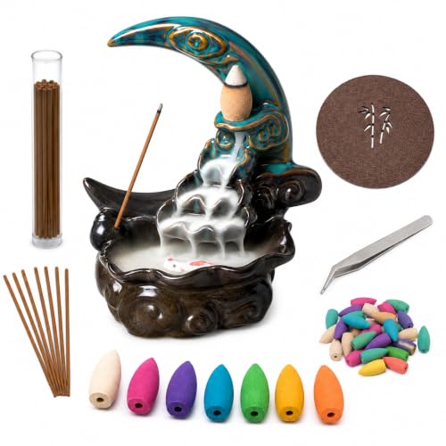 Ceramic Incense Holder Backflow Handcraft Moon Incense Burner with 30 Incense Cones 1 Tweezer 1 Mat 30 Incense Sticks for Home Decoration Ornament Aromatherapy and Meditation
