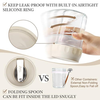 SOLIGT 2 Pack Overnight Oats Containers with Lids, Folding Spoons and Divided Compartments for Fruit & Nuts, Small Glass 16oz Mason Jars for Oatmeal Yogurt Parfait (2 Set-Oat White/Oat White) - color: 2 Set-Oat White/Oat White