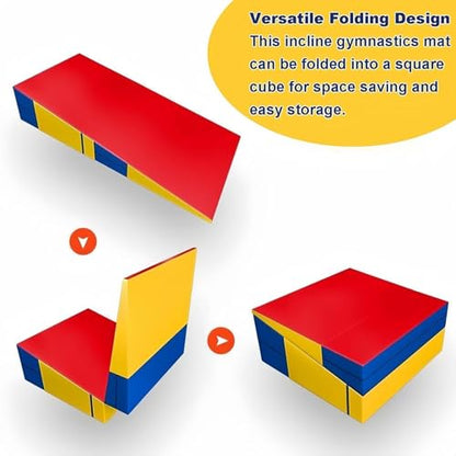 LICOME Folding Incline Gym Mat Tumbling Cheese Wedge Design for Gymnastics, Martial Arts, Dance, Yoga And Stretch Training，After It Can Be Used As A Jumping Box - color: Blue Yellow Red, size: 83x60x35cm