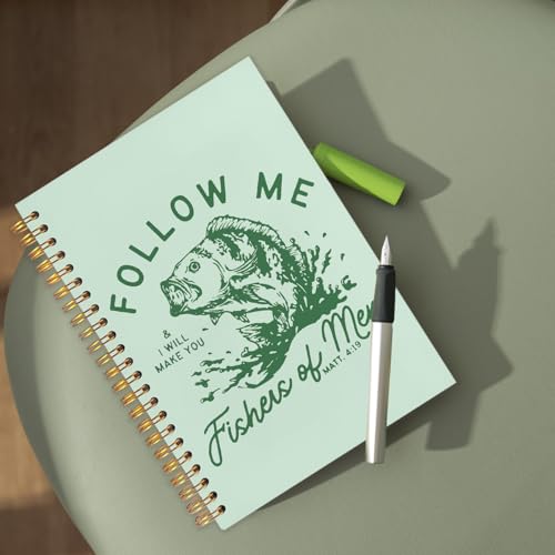 WUCHJ Green Retro Fish Christian Notebook, Matthew 4:19 Bible Verse Journal, Religious Scripture Spiral Notebook Journal for Note Taking, Christian Faith Based Gifts for Women Men, 5.5x8.3 Inch - color: green fish follow me