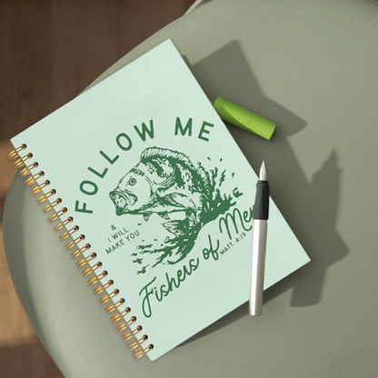 WUCHJ Green Retro Fish Christian Notebook, Matthew 4:19 Bible Verse Journal, Religious Scripture Spiral Notebook Journal for Note Taking, Christian Faith Based Gifts for Women Men, 5.5x8.3 Inch - color: green fish follow me