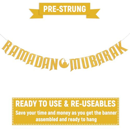 Ramadan Mubarak Banner - Happy Eid Decor, Ramadan Decorations for Home Umrah Mubarak Decorations Eid Festival Party Decorations Gold Glitter