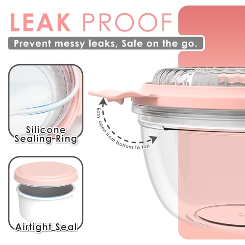 WHALEHOUSE Clear Eco-friendly SK chemicals ECOZEN Salad Container, 33OZ Portable Plastic Salad Bowls with Lid & Snack Tray, Leak-Proof Dressing Container, Reusable Fork, Lunch Box for Meal Prep (Pink) - color: Pink