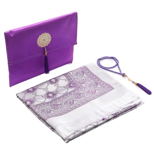 Muslim Prayer Rug and Beads with Portable Bag, Muslim Gifts for Women Men, Janamaz, Sajadah, Soft Mat Islam Gifts Set, Turkish Sajadah for Ramadan, Eid, Hajj, Travel, Pray - color: Purple