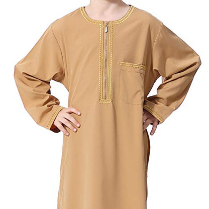 XINNI Arabic Thobe Muslim Thobe Long Sleeve Kaftan Crew Collar Robe with Zipper for Boy - color: Camel, size: 7-8 Years