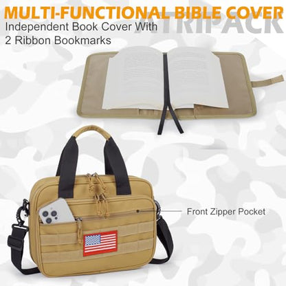 ATRIPACK Tactical Large Bible Cover for Men,Double Layer Bibles Bag With Detachable Book Carrying Case, Covers for Bible Organizer with Zippered Pockets,Church Case with Handle. - color: brown