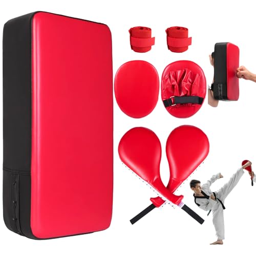 7 in1 Taekwondo Kick Pad Set, Boxing Training Equipment, Martial Art Kicking Pad, PU Leather Boxing Focus Pad, Target Punching Pads and Hand Wraps for Karate, Sparring, MMA, Muay Thai - color: Red