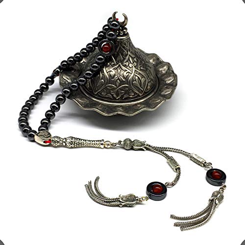 Design - Long & Stylist Tassels Worry Beads-Prayer Beads-Tesbih-Tasbih-Tasbeeh-Misbaha-Subha-Sebha-Sibha-Rosary (Hematite & Red Agate -8 mm-33 Beads & Bracelet) - color: Hematite & Red Agate -8 mm-33 Beads & Bracelet