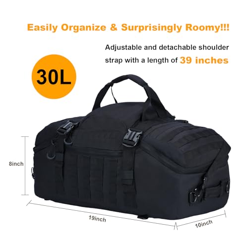 3 in 1 Tactical Travel Duffel Bag Backpack, Heavy Duty Military Gym Bag | Waterproof 600D nylon, internal collapsible dividers, weekend overnight travel, gym workout, camping luggage, 30L - color: Black, size: 30L,(19x10x8)Inches