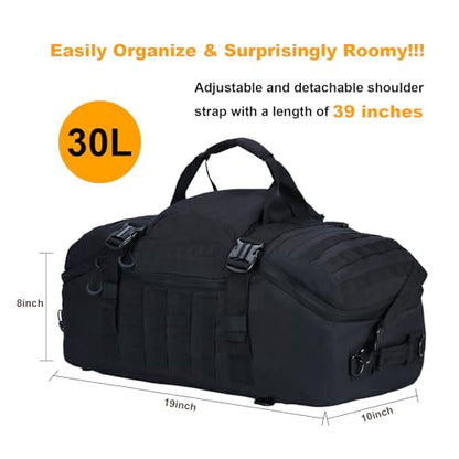 3 in 1 Tactical Travel Duffel Bag Backpack, Heavy Duty Military Gym Bag | Waterproof 600D nylon, internal collapsible dividers, weekend overnight travel, gym workout, camping luggage, 30L - color: Black, size: 30L,(19x10x8)Inches