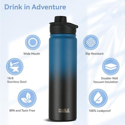 HASLE OUTFITTERS Insulated Water Bottle 22 oz Double Wall Stainless Steel Water Bottle Wide Mouth with Straw Lid & Spout Lid Keeps Cold or Hot(Blue Black Gradient,1) - color: Blue Black Gradient, size: 22 Ounces