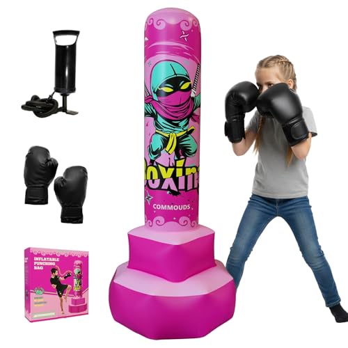 COMMOUDS 67inch Punching Bag for Kids, Inflatable Kids Boxing Set with Gloves, Fast Rebound Punching Bag for Practicing Karate, Taekwondo, MMA, Christmas/Birthday Gift for Boys Girls, Ages 6-14 - color: Pink