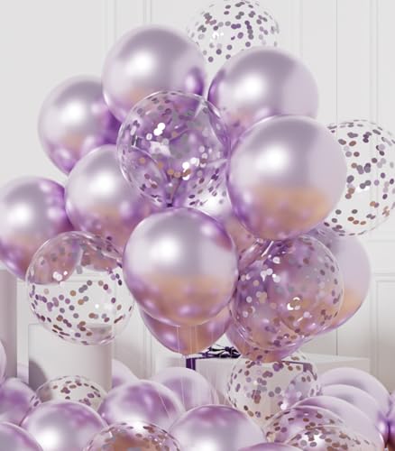 AULE Party Balloons Pack of 42 - Metallic Lavender Balloons and Confetti Latex Helium Balloons With 64ft Ribbons - 12 Inch Lilac Chrome Balloon Decoration Set - color: Lavender