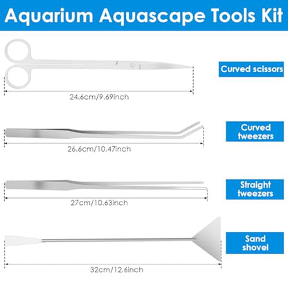 4 in 1 Aquarium Aquascape Kits Long 12 Inch Stainless Steel Aquatic Plant Aquascaping Tool Extra Long Aquascape Tools Sets Flexible for Fish Tank Cleaning Plant