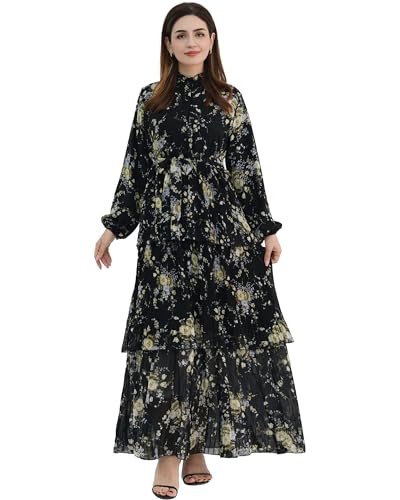 Breathable Modest Prayer Dresses Long Sleeve Layered Maxi Dress with Belt European Floral Print Women Muslim Abaya - color: Black, size: XXL(58)