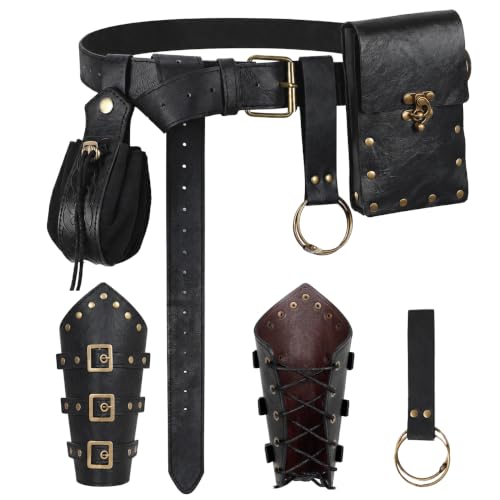 7-Piece Renaissance Belt Pouch Set with Faux Leather Bracers and Skirt Hikes, Medieval Costume Accessories for Rangers, Rogues, Hunters & Adventurers, LARP, Ren Faire, Halloween and Cosplay - color: Black