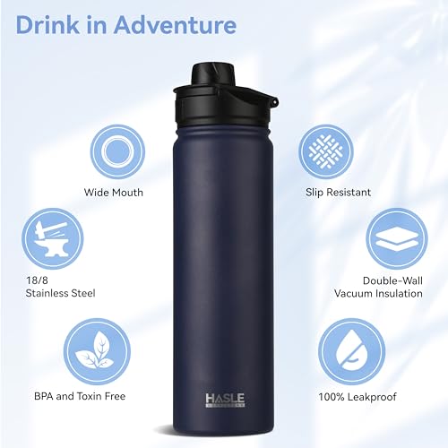 HASLE OUTFITTERS Insulated Water Bottle 22 oz Double Wall Stainless Steel Water Bottle Wide Mouth with Straw Lid & Spout Lid Keeps Cold or Hot(Navy,1) - color: Navy, size: 22 Ounces