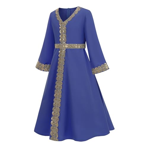 OBEEII Girls Muslim Abaya Ramadan Long Bell Sleeve V Neck Sequins Church Prayer Dress with Belt Islamic Eid Robe Kaftan - color: Royal Blue-sequins, size: 4-5 Years