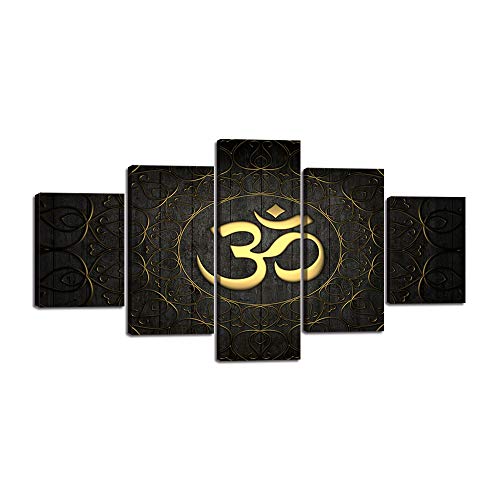 Hindu Om Symbol Wall Decor for Living Room 5 Panels Buddha Yoga Circle Golden Pictures Canvas Painting Home Decoration Wooden Poster Artwork Stretched and Framed Ready to Hang (60¡±Wx32¡±H) - color: Artwork-14, size: 60''Wx32''H