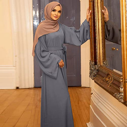 Prayer Dress for Women Muslim Long Sleeve A Line Elegant Maxi Dress Casual Wedding Party Maxi Dresses with Belt - color: Grey, size: Large