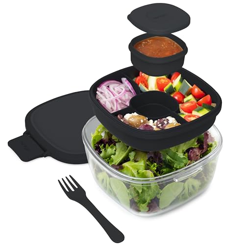 Bentgo Glass Salad Container - 7.6-Cup Salad Bowl with Airtight Lid, Leak-Proof Sauce Container, 4-Compartment Bento Tray & Reusable Fork - BPA-Free for Meal Prep, Office & More (Black Onyx) - color: Black Onyx