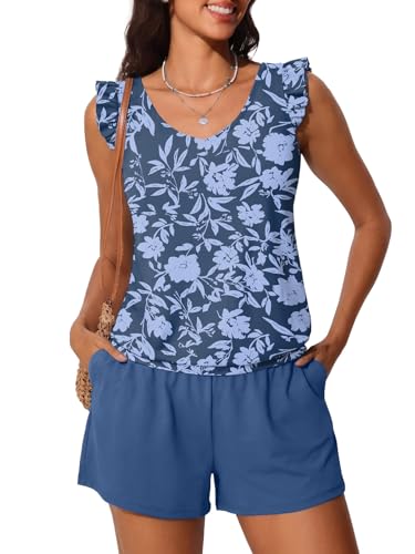 Ruffle Tankini Swimsuits for Women Modest Bathing Suit with Shorts and Pockets High-Back 2026 Swimwear - color: Blue Branches Flowers, size: 10