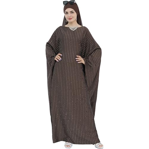 Muslim Abaya Dress 1Piece Bat Sleeve Kaftan Robe Women Islamic Maxi Dress Rhinestone Jilbab Eid Shiny Abaya(No scarf) - color: Brown I
